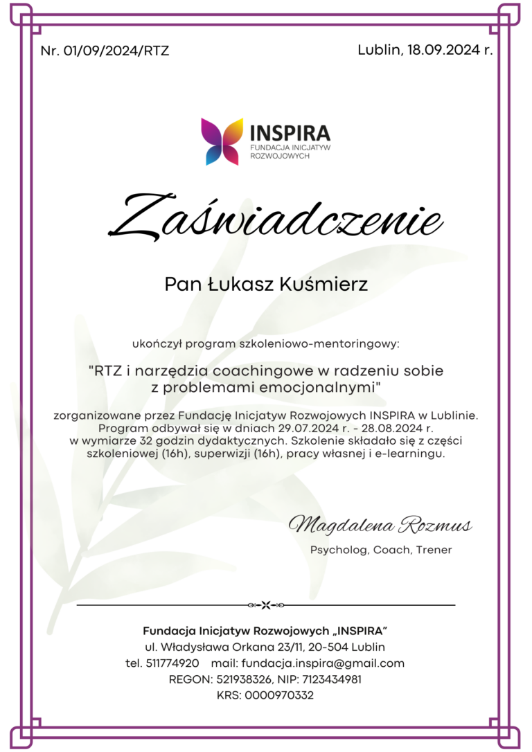 Zaświadczenie o ukończeniu kursu RTZ