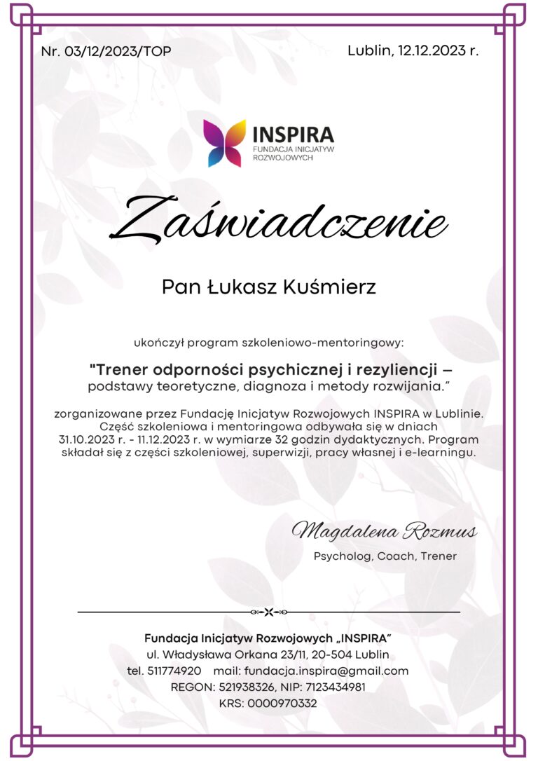 Zaświadczenie o ukończeniu kursu Trener odporności psychicznej i rezyliencji